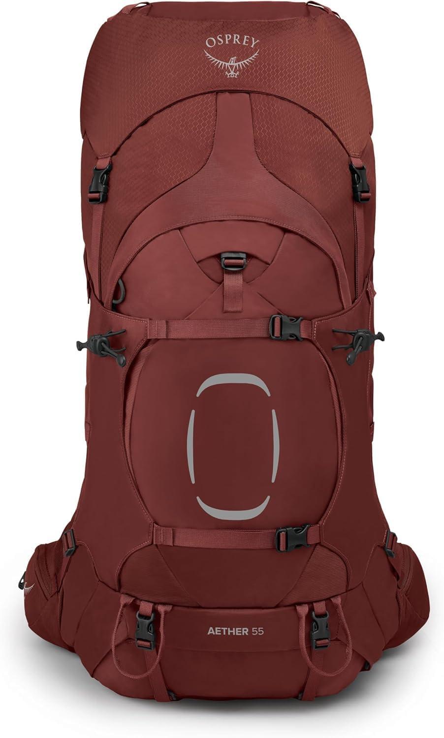 imageOsprey Aether 55L Mens Backpacking Backpack Garlic Mustard Green SMDeep Acorn Red