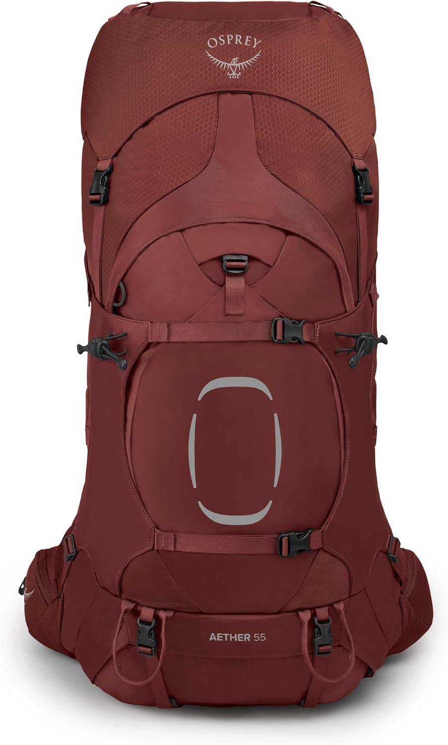 imageOsprey Aether 55L Mens Backpacking Backpack Garlic Mustard Green SMDeep Acorn Red