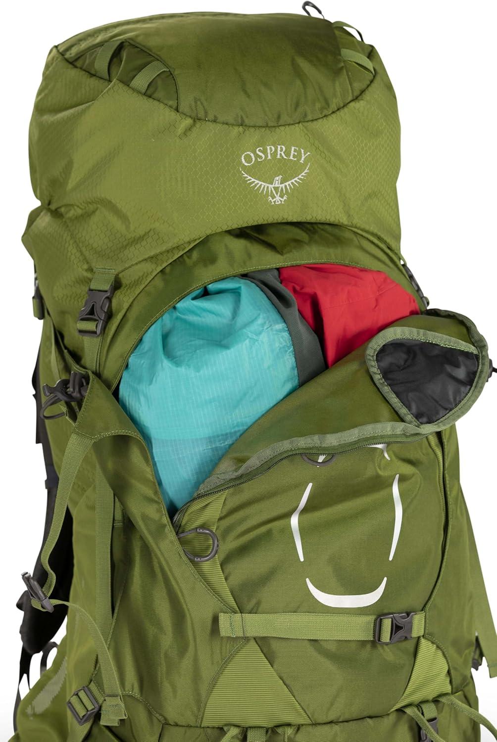 imageOsprey Aether 55L Mens Backpacking Backpack Garlic Mustard Green SMDeep Acorn Red