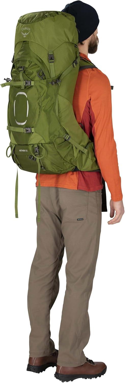 imageOsprey Aether 55L Mens Backpacking Backpack Garlic Mustard Green SMDeep Acorn Red