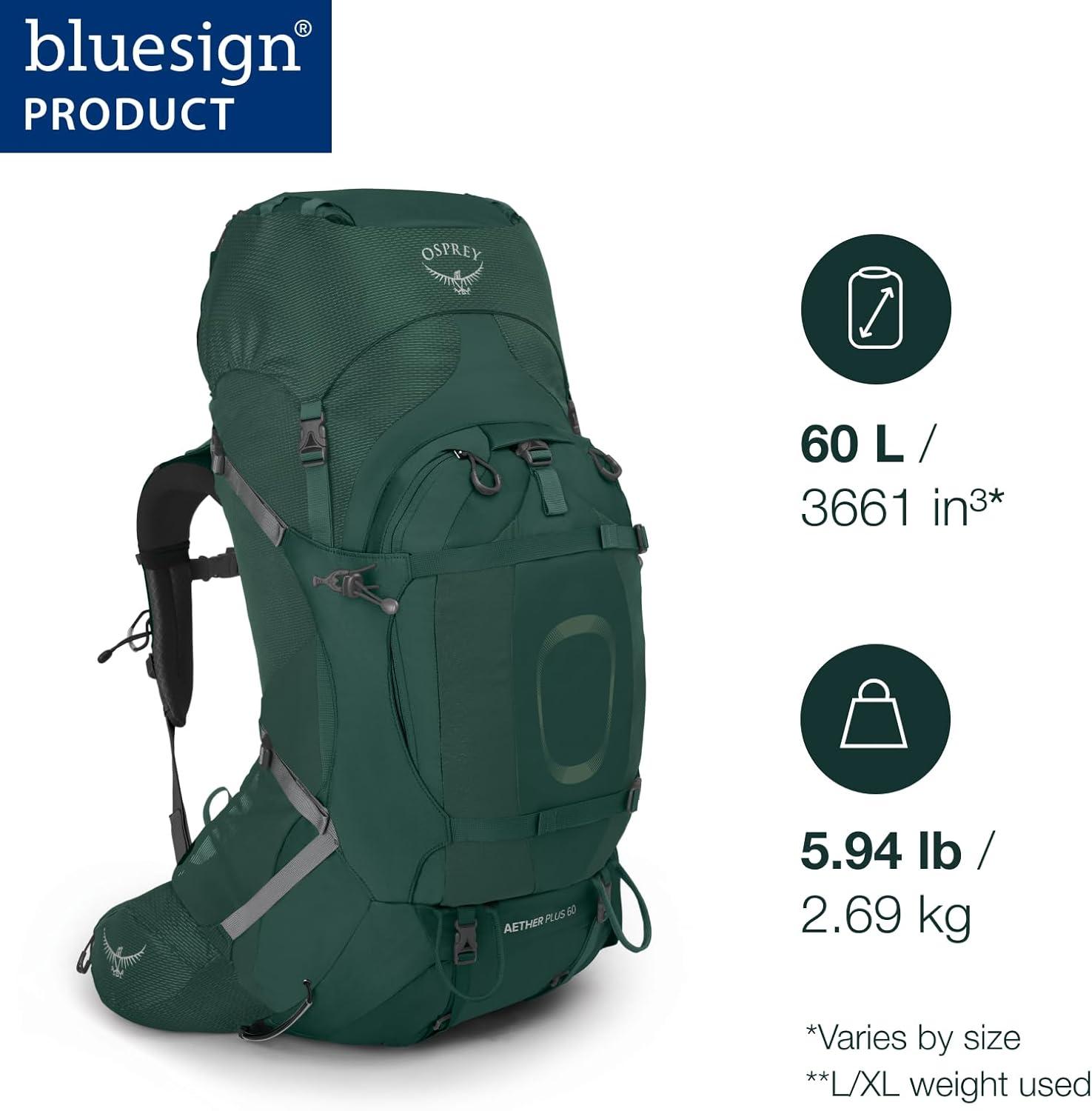 imageOsprey Aether Plus 60L Mens Backpacking Backpack Axo Green LXLBlack