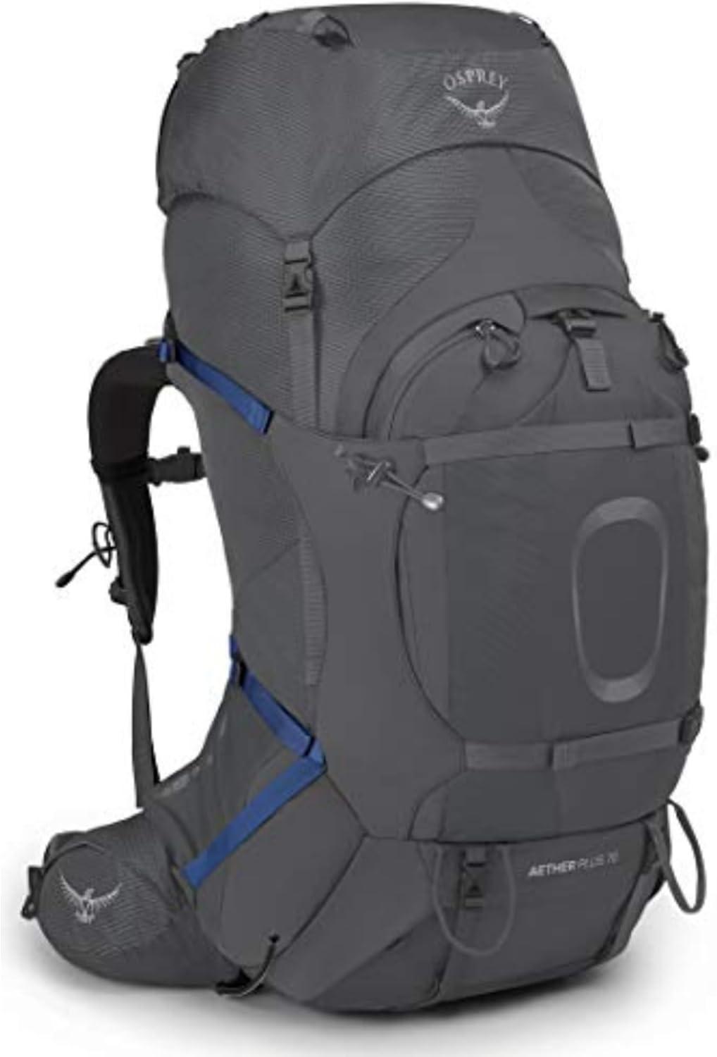 imageOsprey Aether Plus 70L Mens Backpacking Backpack Black LXLEclipse Grey