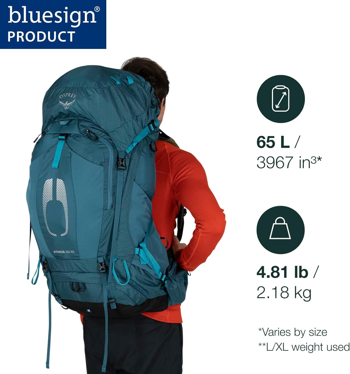 imageOsprey Atmos AG 65L Mens Backpacking Backpack Black LXLMythical Green