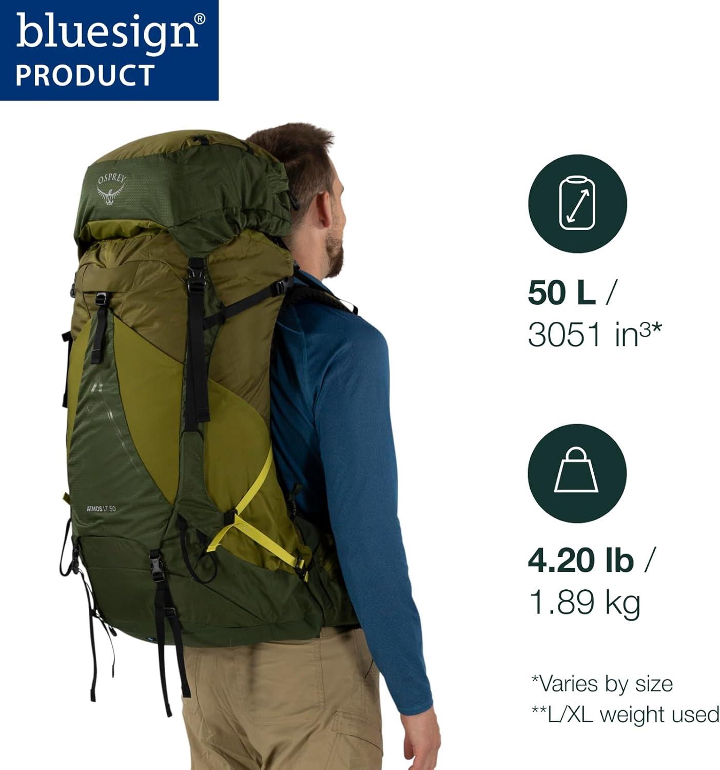 imageOsprey Atmos AG LT 50L Mens Backpacking Backpack Scenic ValleyGreen Peppercorn LXLNight ShiftScoria Blue