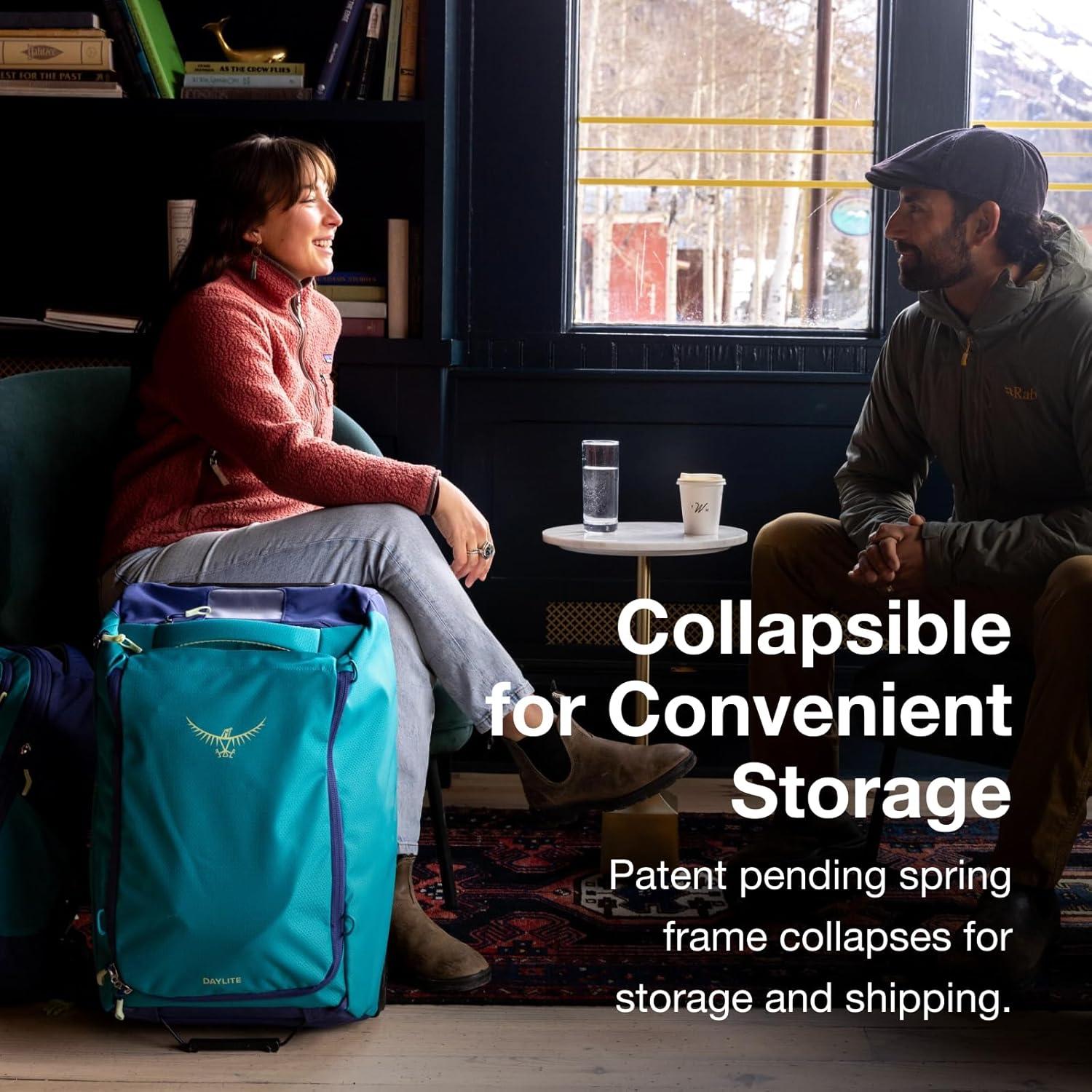 imageOsprey Daylite 40L Wheeled Carry On Collapsible Travel Duffel Bag Lightweight Rolling Suitcase BlackNight Shift Blue