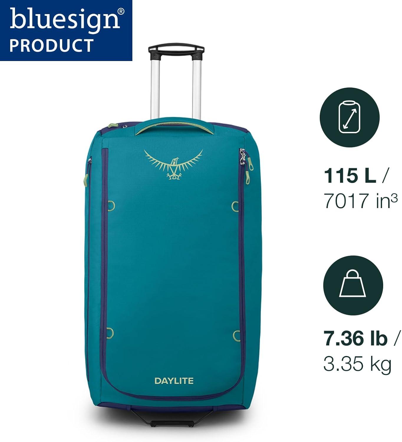 imageOsprey Daylite 85L Wheeled Collapsible Travel Duffel Bag Lightweight Rolling Suitcase Blue SpikemossAlkalineBlack