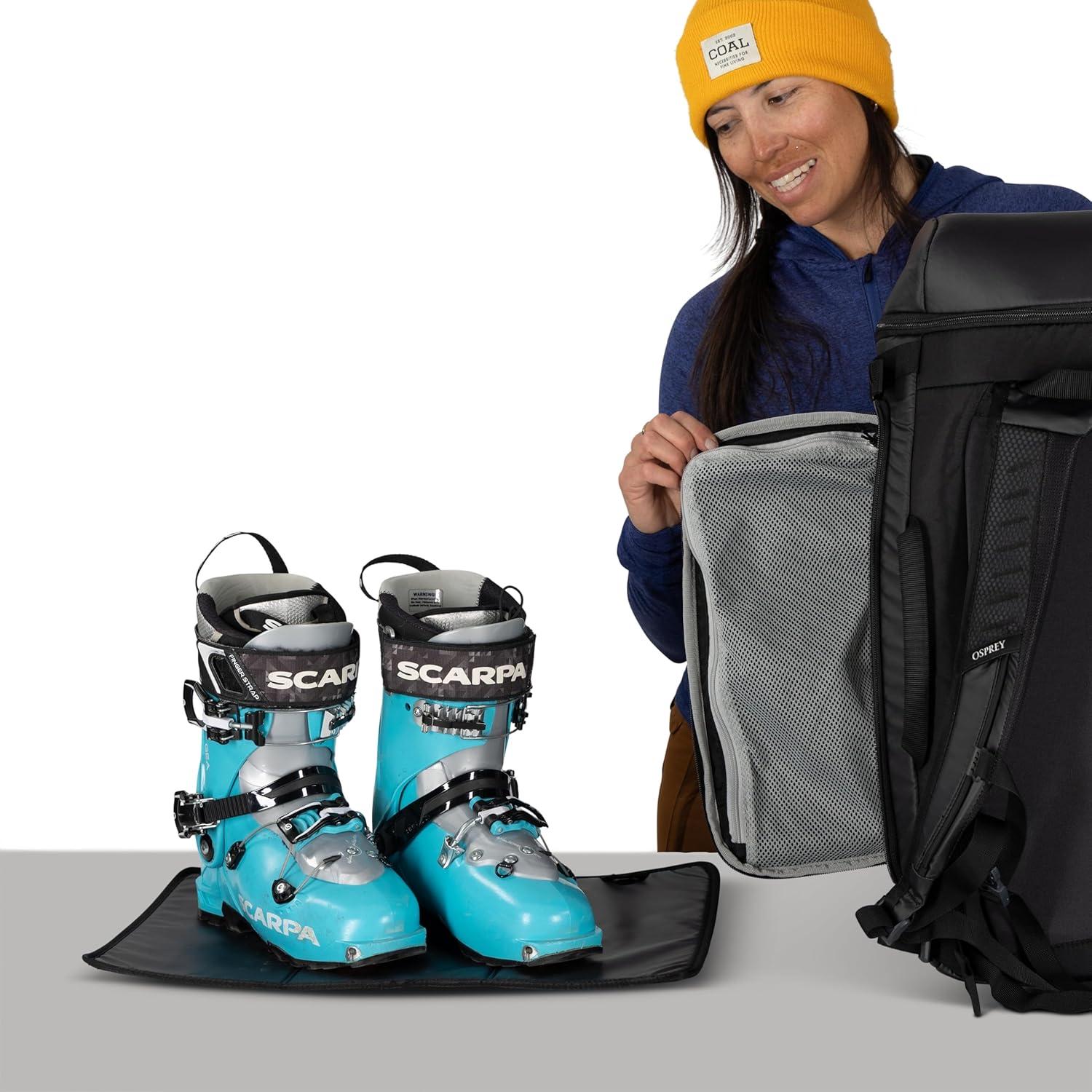 imageOsprey Mountain Bound Ski ampamp Snowboard Boot Bag Plus Boot Backpack with Vertical Snowboard Carry and AFrame Ski Carry Premium Winter Luggage with Shoe Mat and AirScape Technology Black