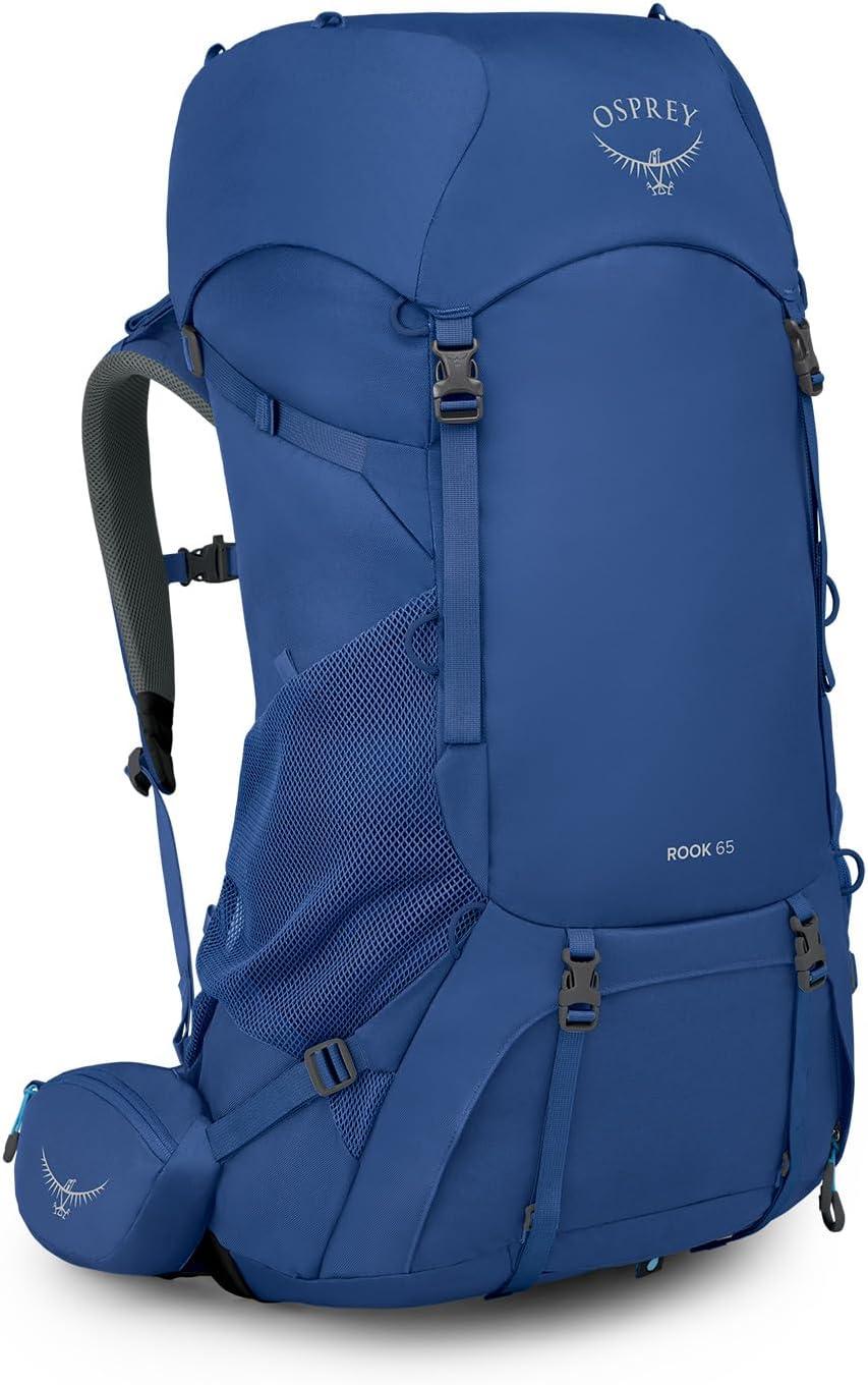 imageOsprey Rook 65L Mens Backpacking Backpack Histosol BrownRhino GreyAstology BlueBlue Flame