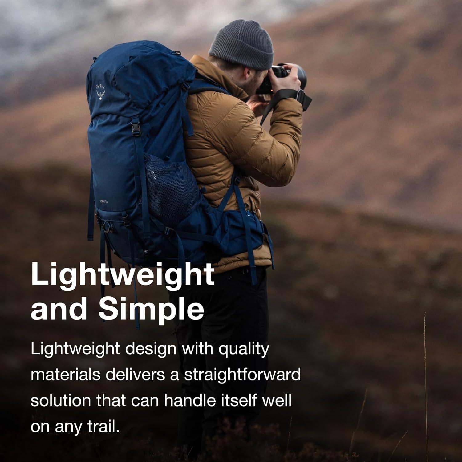 imageOsprey Rook 65L Mens Backpacking Backpack Histosol BrownRhino GreyAstology BlueBlue Flame