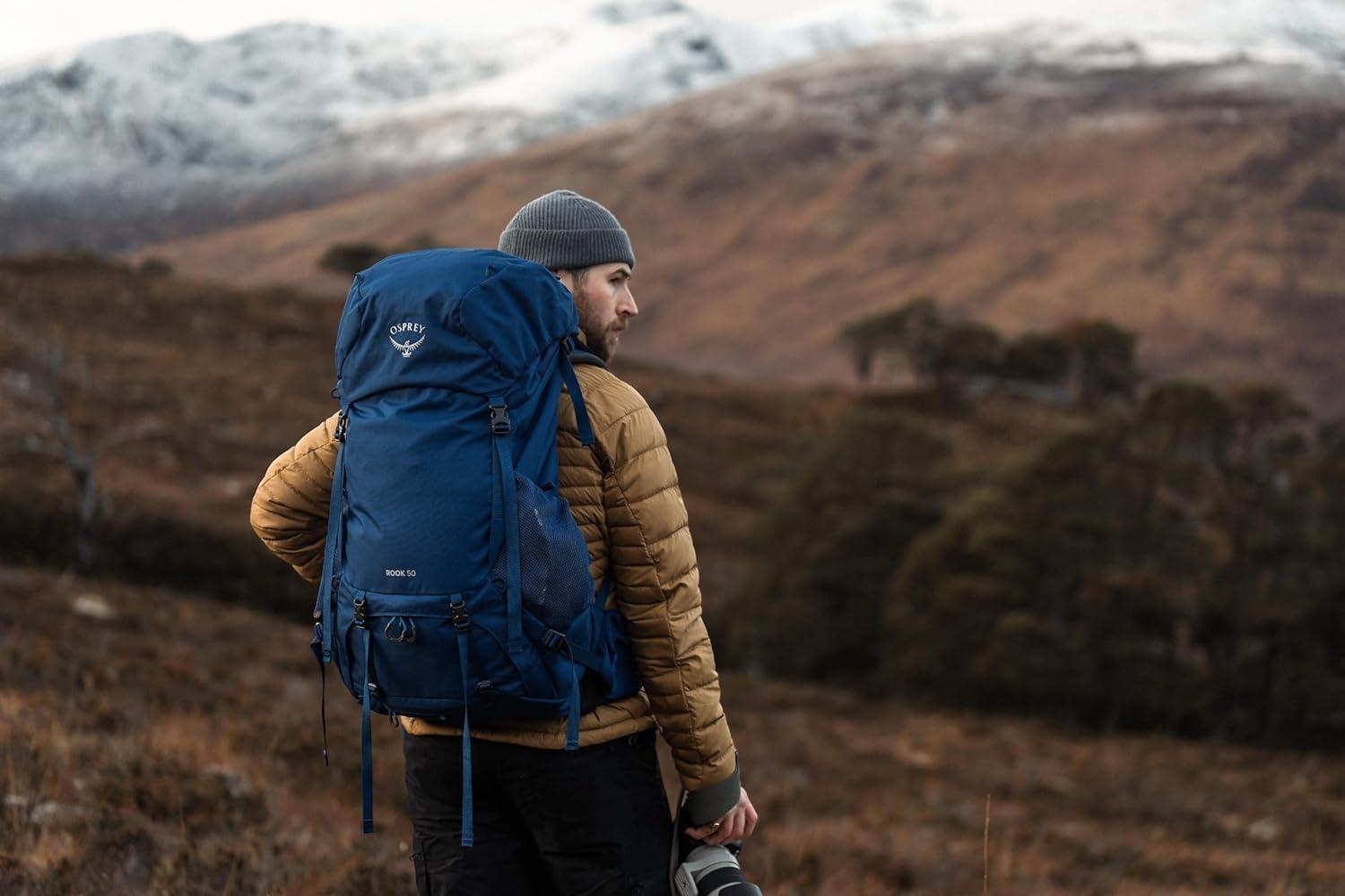 imageOsprey Rook 65L Mens Backpacking Backpack Histosol BrownRhino GreyAstology BlueBlue Flame