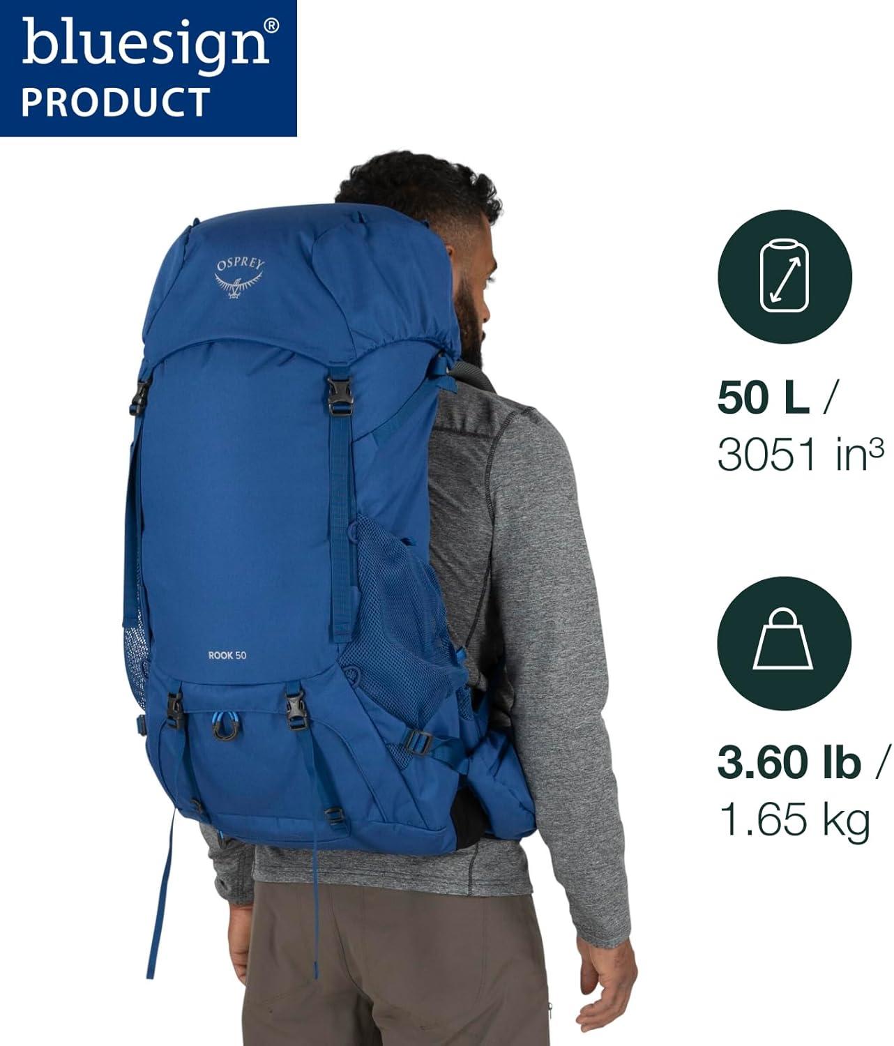 imageOsprey Rook 65L Mens Backpacking Backpack Histosol BrownRhino GreyAstology BlueBlue Flame