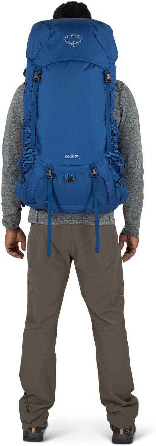 imageOsprey Rook 65L Mens Backpacking Backpack Histosol BrownRhino GreyAstology BlueBlue Flame