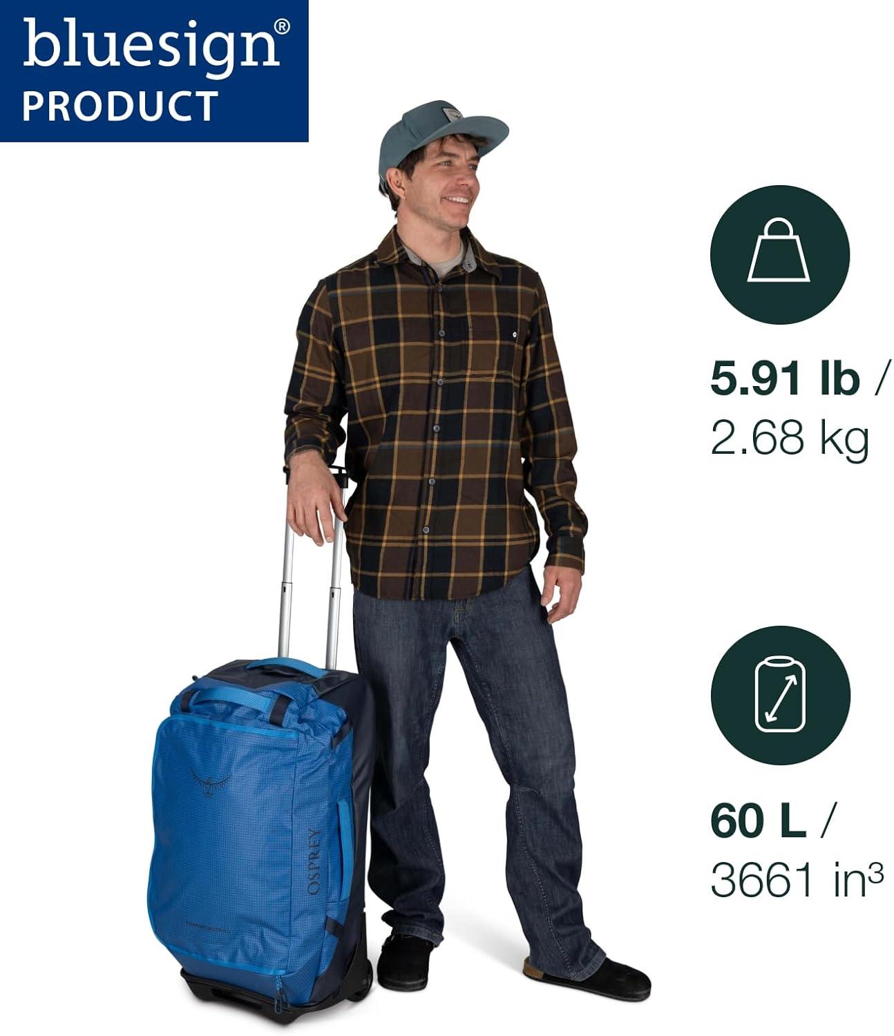 imageOsprey Transporter 90L Wheeled Travel Duffel Bag Large Lightweight Rolling Suitcase for Men and Women Blue FlameNocturnal BlueRaven Black