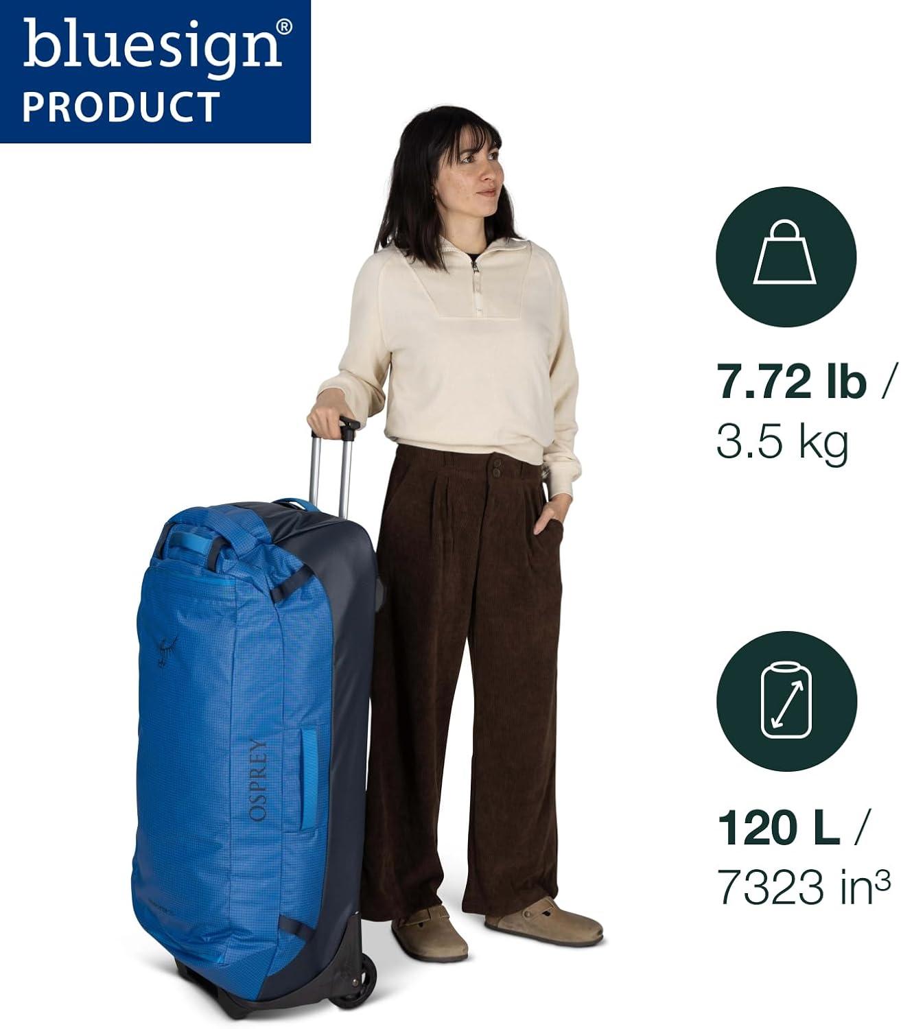 imageOsprey Transporter 90L Wheeled Travel Duffel Bag Large Lightweight Rolling Suitcase for Men and Women Blue FlameNocturnal BlueRaven Black