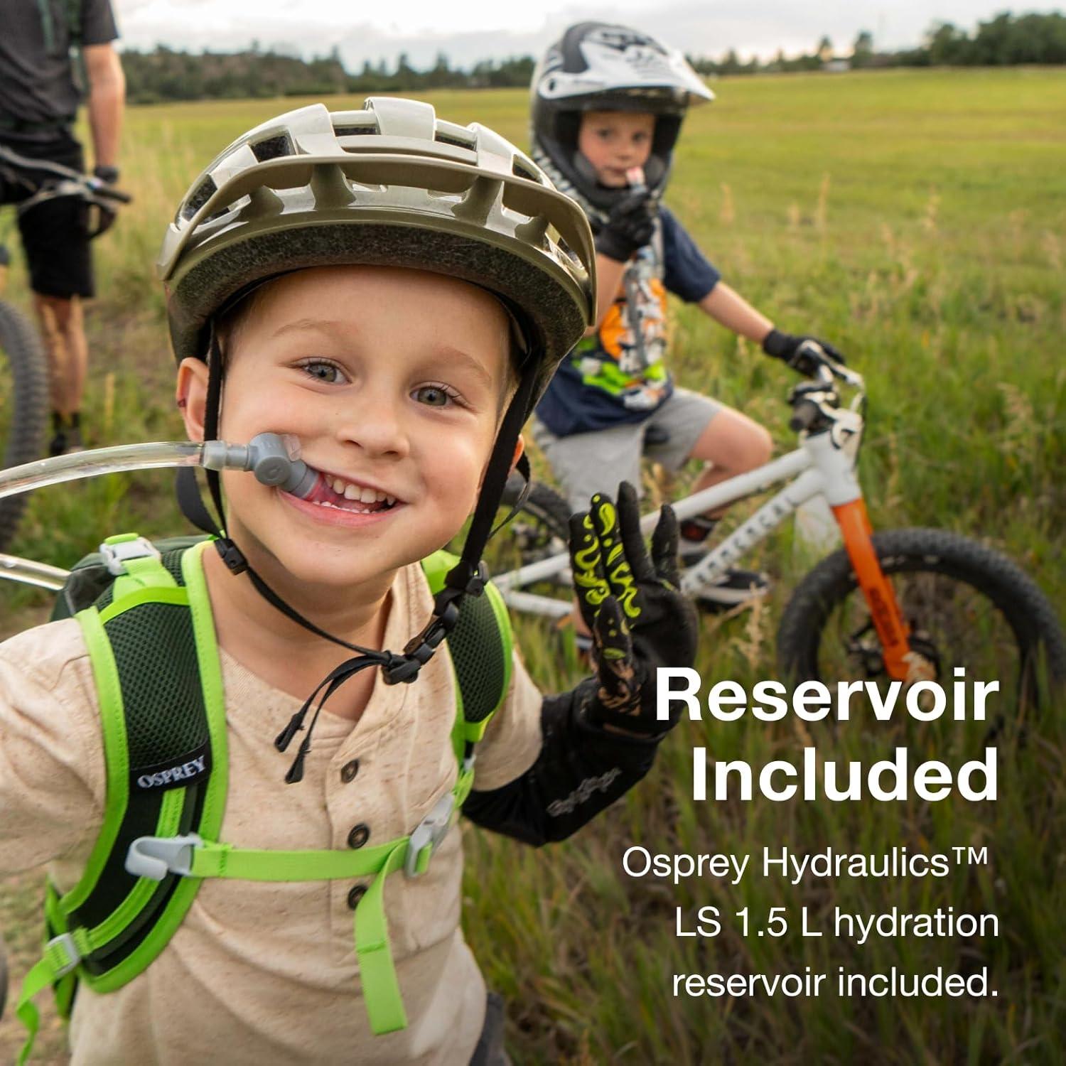 imageOsprey Moki 3L Kids Biking Backpack with Hydraulics Reservoir Hungry Dino PrintGreen Canopy