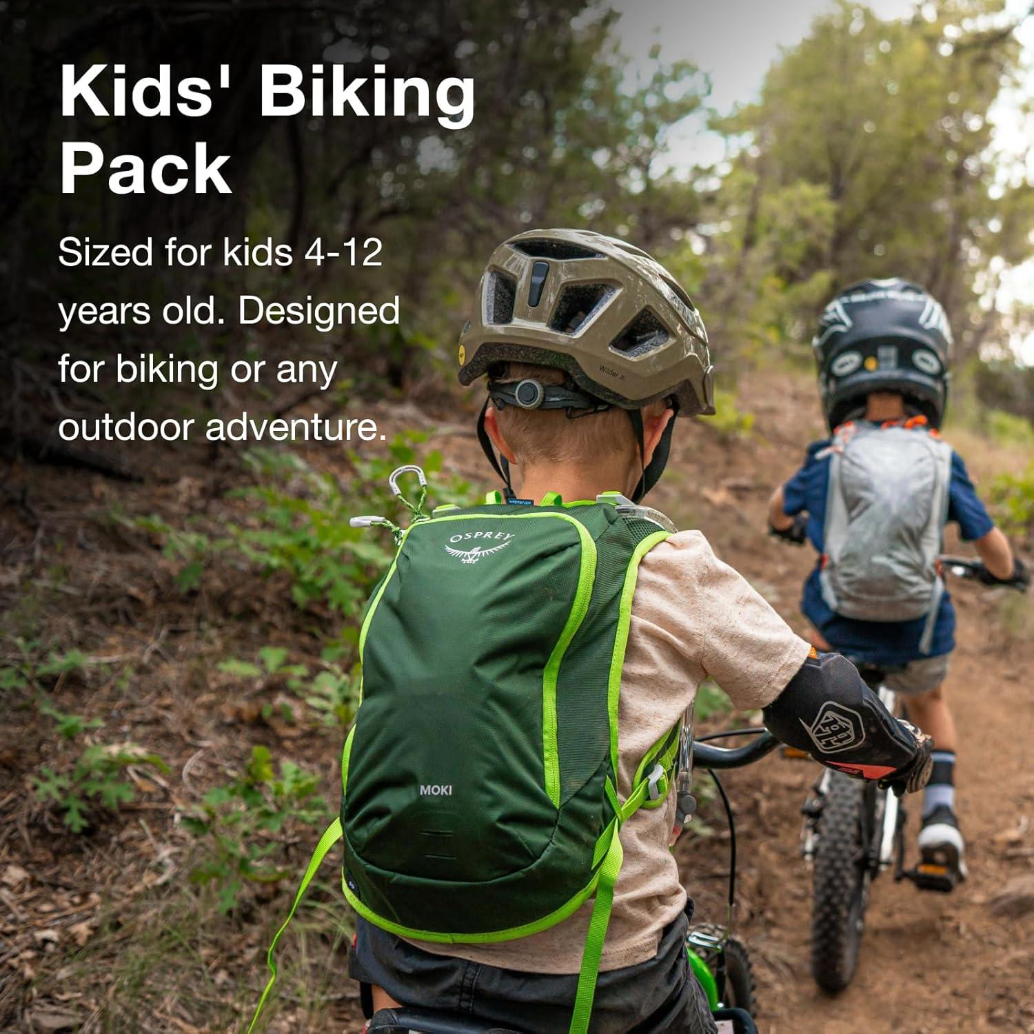 imageOsprey Moki 3L Kids Biking Backpack with Hydraulics Reservoir Hungry Dino PrintGreen Canopy